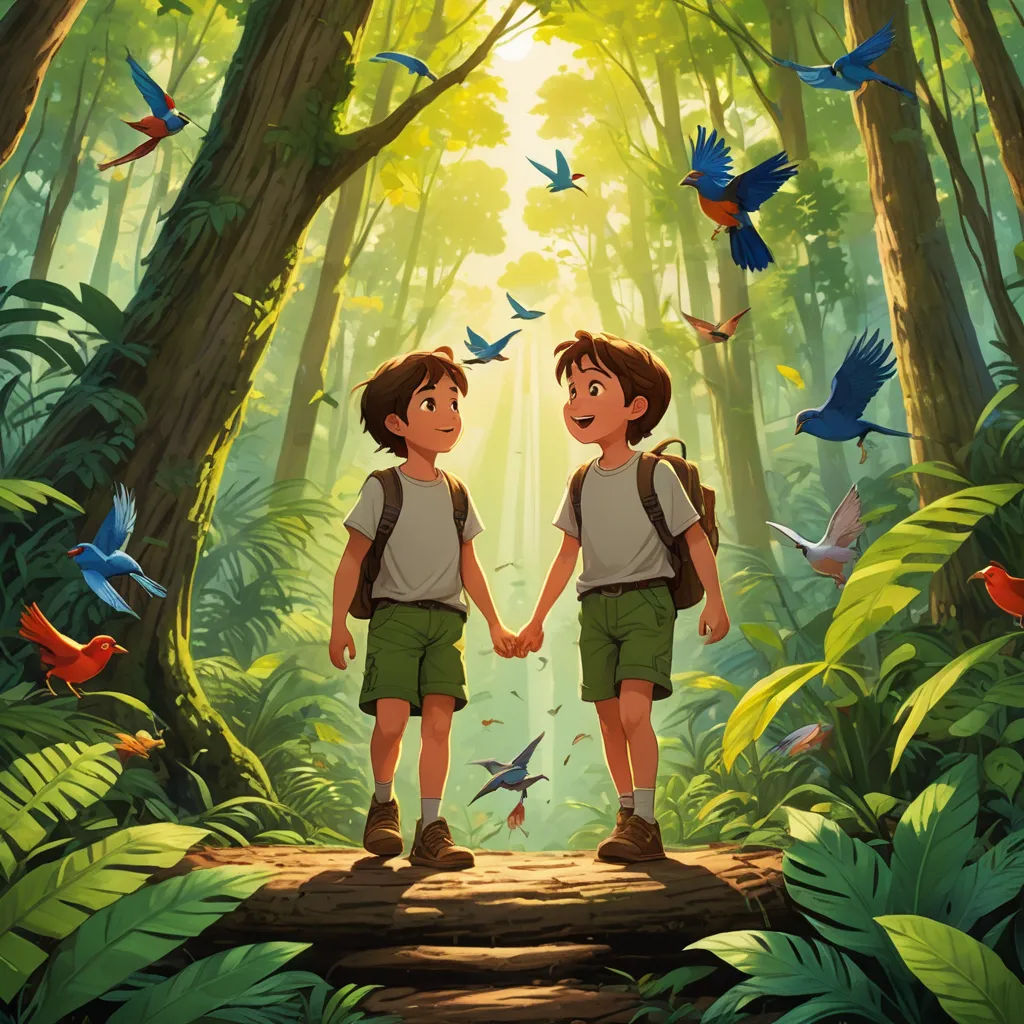 two children are walking in the woods holding hands and birds are flying around them in the background are trees and birds, les nabis, poster art, Diego Gisbert Llorens, official art