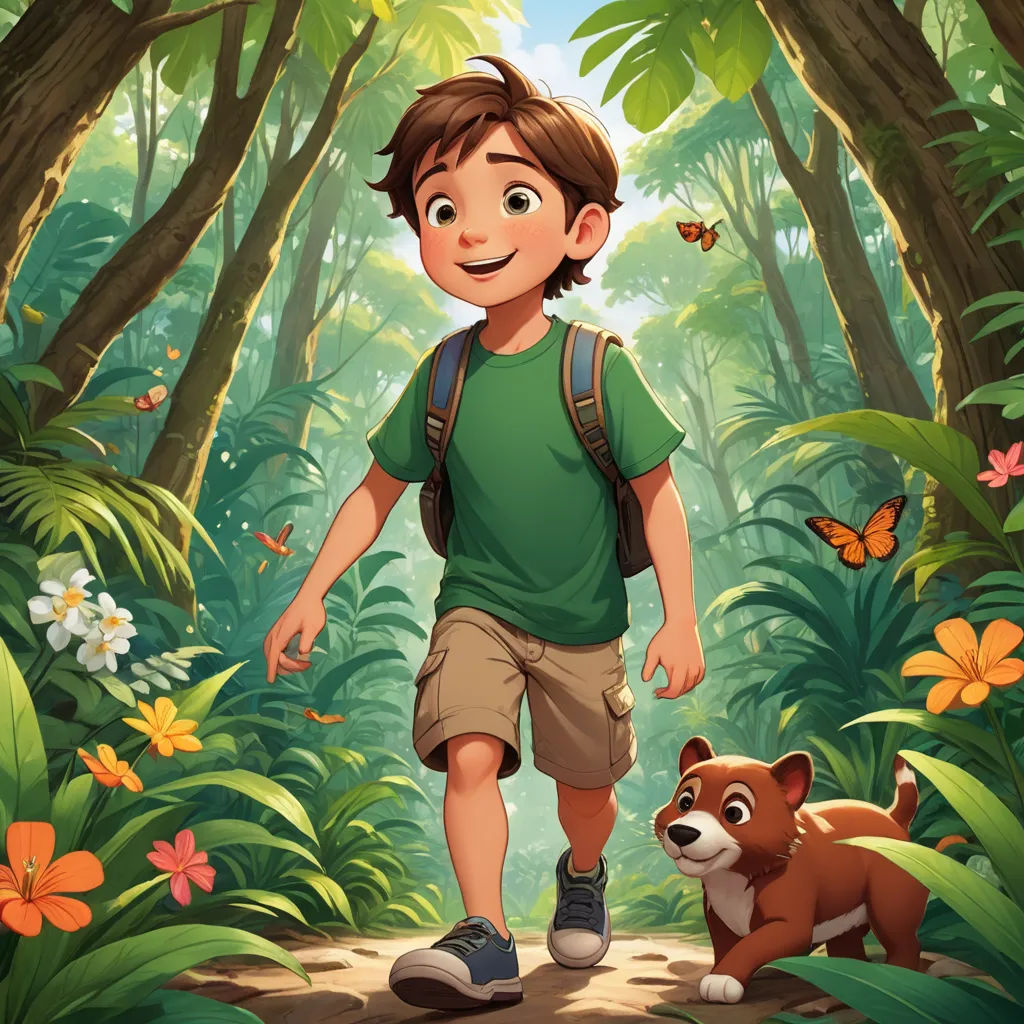 a boy and a dog are walking through the jungle together, with a butterfly flying overhead in the background, sots art, a storybook illustration, Adam Rex, promotional image