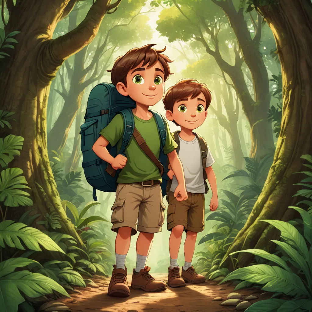 a boy and a boy with a backpack standing in a forest with a trail in the background and a sun shining through the trees, sots art, a storybook illustration, Diego Gisbert Llorens, rossdraws global illumination