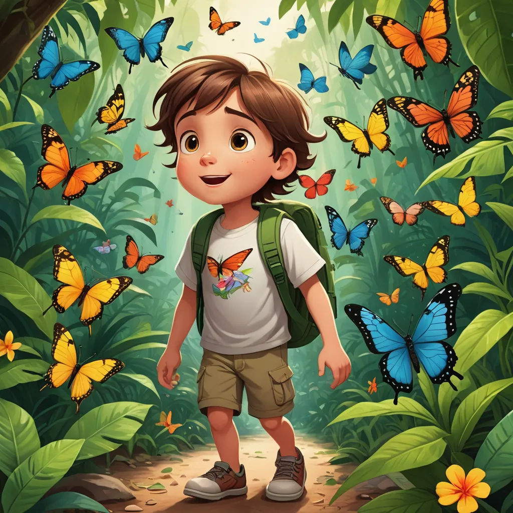 a boy in the middle of the jungle with many butterflies flying around him illustration by alex krapf, magical realism, a storybook illustration, Aaron Jasinski, pixar and disney animation