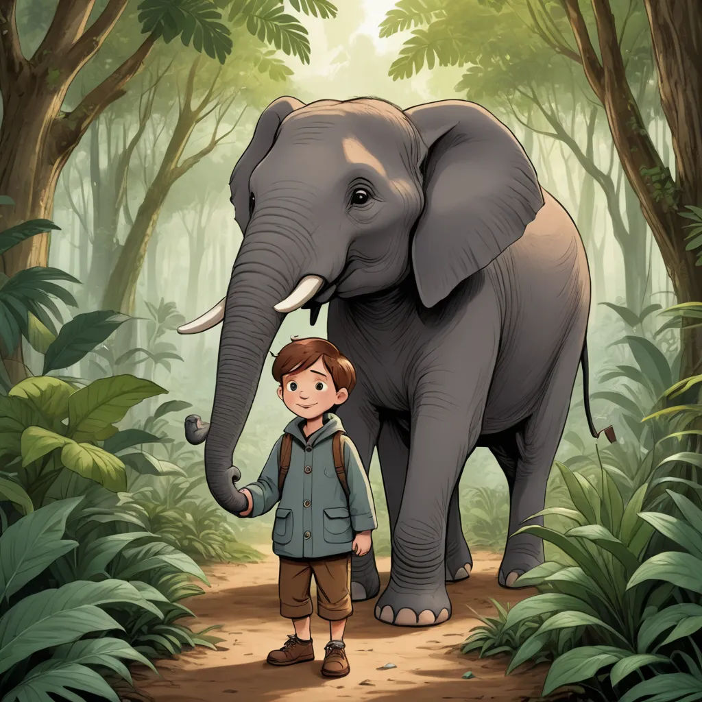 a boy standing next to an elephant in a forest with trees and plants behind him, with a forest background, magical realism, a storybook illustration, Diego Gisbert Llorens, official art