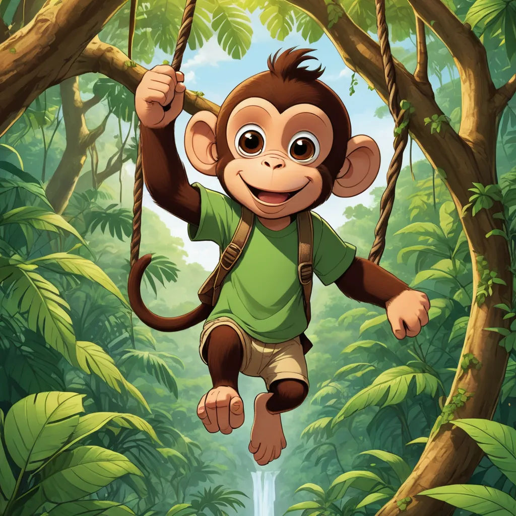 a monkey hanging from a tree in a jungle with a waterfall in the background and a man hanging from a rope, furry art, a storybook illustration, Diego Gisbert Llorens, jungle