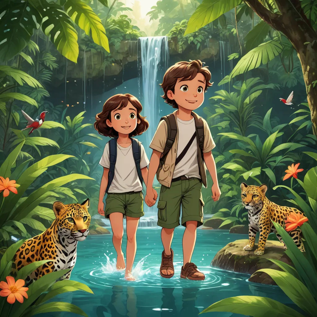 a boy and a girl are walking in the jungle with a tiger and a tiger cub behind them,, lyco art, a storybook illustration, Cliff Childs, promotional image