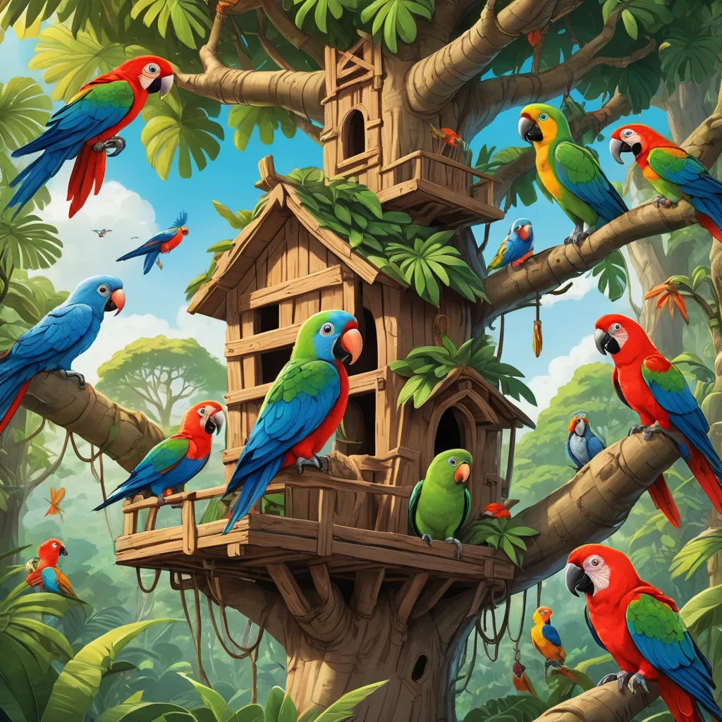a painting of a tree house with many parrots around it and a birdhouse in the middle of the tree, fantasy art, a storybook illustration, Chris LaBrooy, highly detailed digital painting