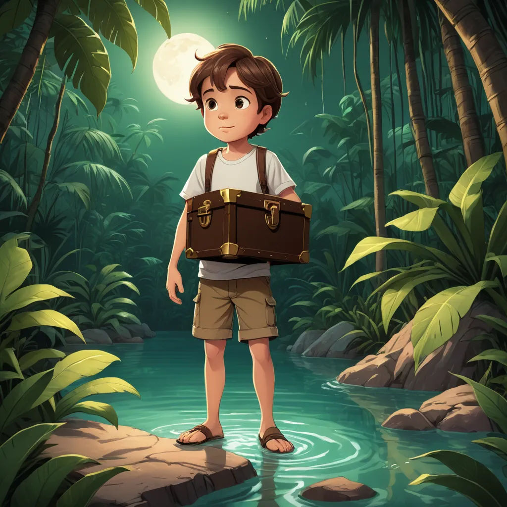 a boy standing in a river holding a briefcase in his hand and a full moon in the background with palm trees, magical realism, a storybook illustration, Diego Gisbert Llorens, rossdraws global illumination