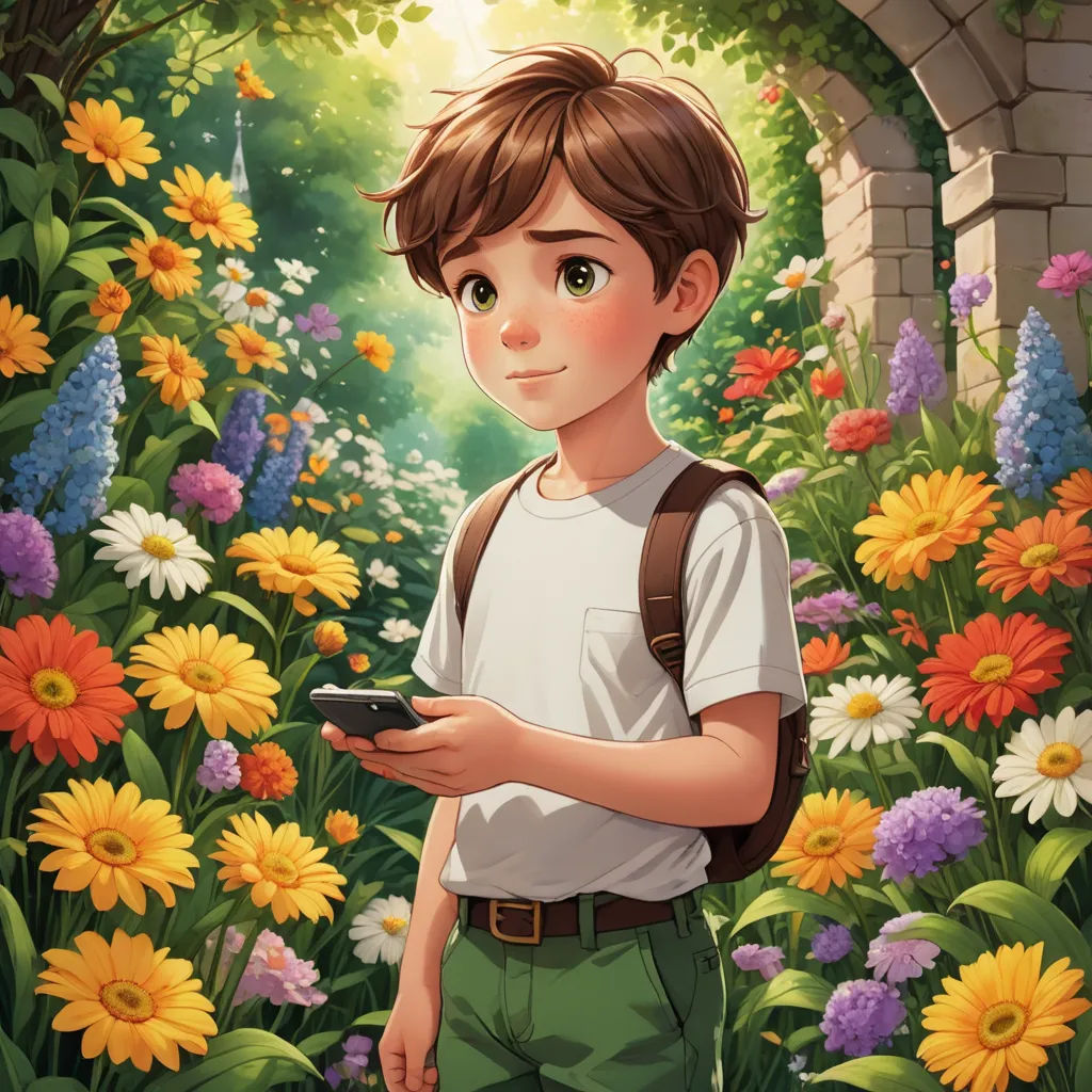 a boy in a garden holding a cell phone in his hand and looking at the screen with a smile, fantasy art, a storybook illustration, Cliff Childs, rossdraws global illumination