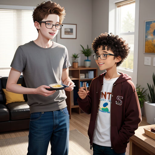 a boy and a boy are standing in a living room and one is holding a plate of food and the other is holding a remote