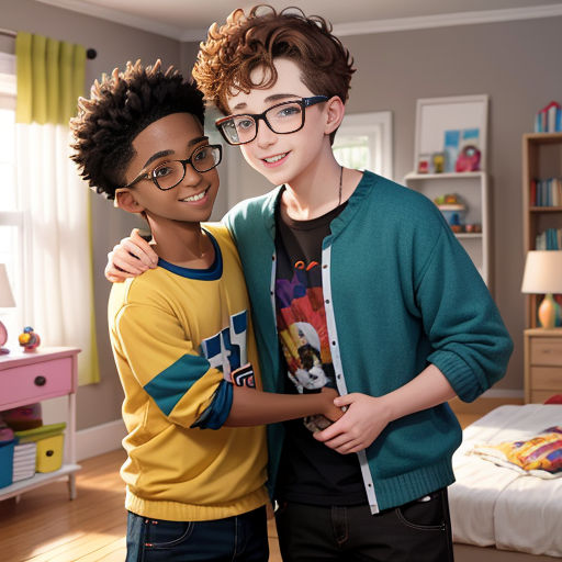 a boy and a girl are standing in a room together, posing for a picture together, with a bed in the background