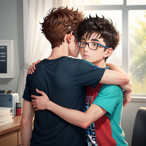 a couple of people that are hugging each other in a room with a window and a desk in the background