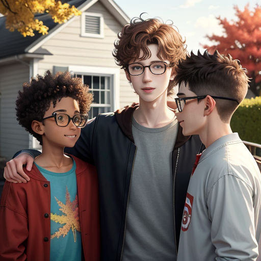 three young men standing next to each other in front of a house with a house in the background and a tree in the foreground