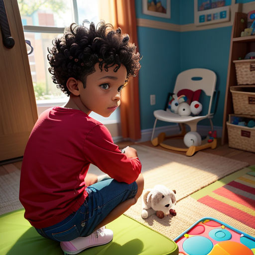 a young boy sitting on a green mat in a room with toys and a teddy bear on the floor