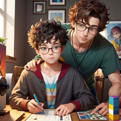 a man and a boy are looking at a computer screen and writing on a piece of paper with a pencil
