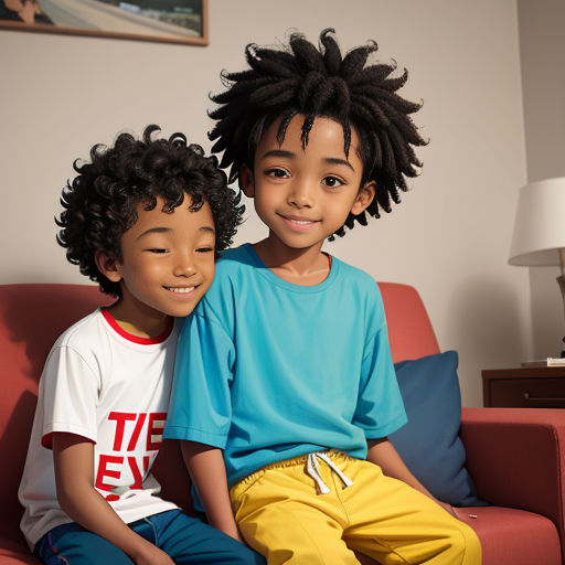 two children sitting on a couch with a red chair in the background and a painting on the wall behind them