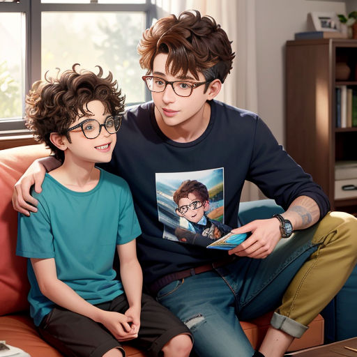 a man and a boy sitting on a couch together, one of them is holding a book and the other is reading a book