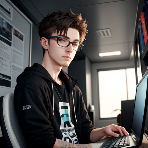 a man with glasses is using a laptop computer in a room with a large window and a wall of posters