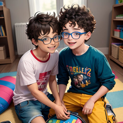 two young boys sitting on the floor with a toy tablet in their hands and a toy phone in their lap
