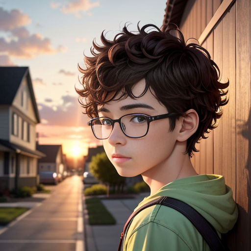 a boy with glasses standing next to a wooden fence at sunset with a house in the background and a street in the foreground