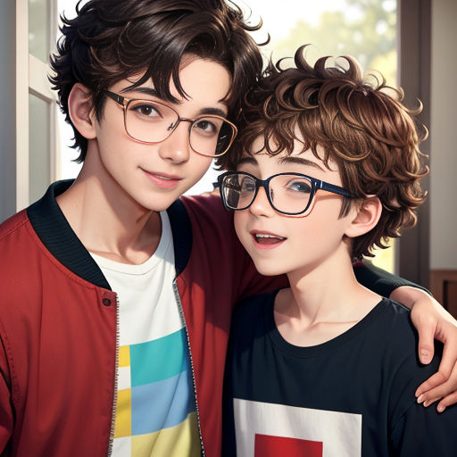 a boy and a boy with glasses are posing for a picture together in front of a window with a view of the city