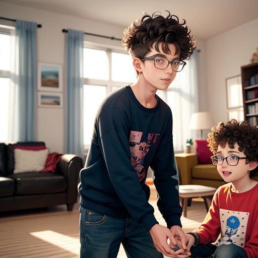 a boy and a boy are playing a video game together in a living room with a couch and a bookcase