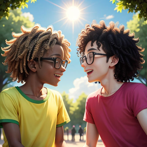 two young boys with glasses are talking to each other in the park, with the sun shining through the trees