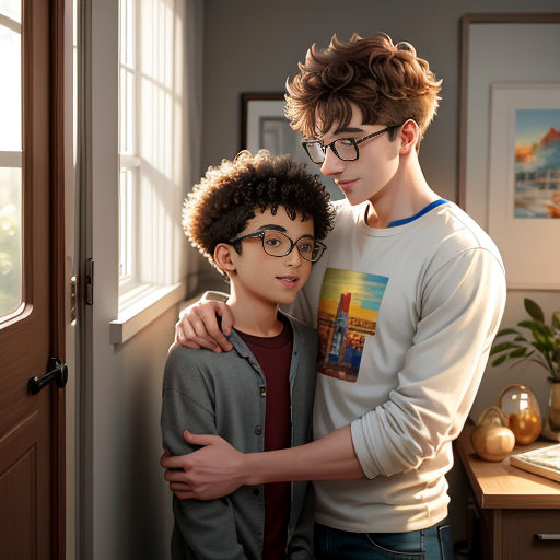 a boy and a boy are standing in a room together, one is hugging the other is wearing glasses