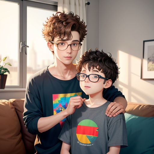 a man and a boy are standing together in a room with a window and a couch in the background
