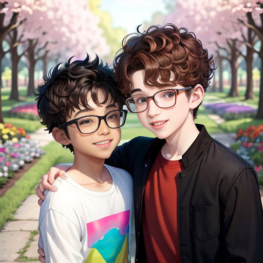 a couple of kids standing next to each other in front of a park with flowers and trees in the background