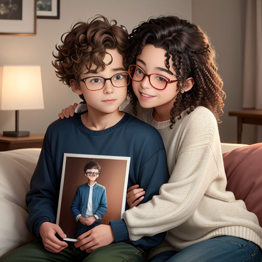 a couple of people sitting on a couch with a picture of them holding a picture of them together and a lamp