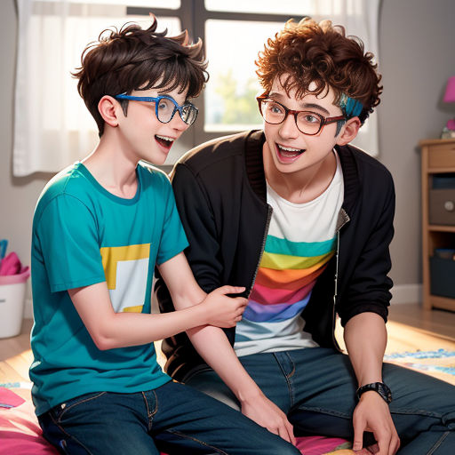 two young boys sitting on a bed laughing together, one of them is wearing glasses and the other is wearing a rainbow shirt