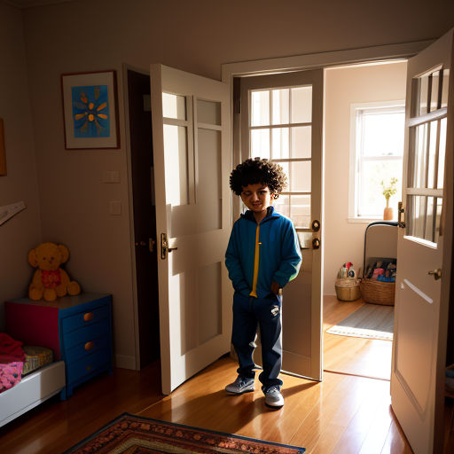a young boy standing in a room with a door open and a teddy bear on the floor next to him