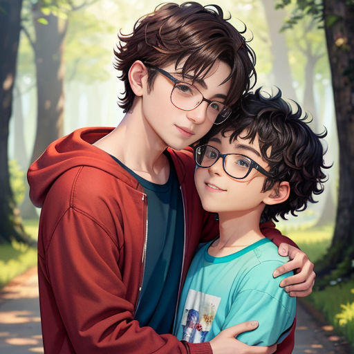 a boy hugging his father on the street in the woods with trees in the background and a path in the foreground