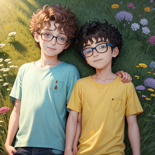 two young boys are posing for a picture in a field of flowers and grass with their arms around each other