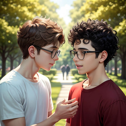 two young men standing next to each other in a park with trees in the background and one of them is touching his ear