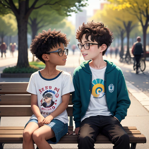 two young boys sitting on a bench in a park, one of them is talking to the other is looking at the other