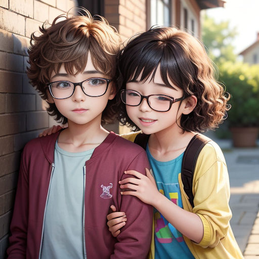 two children wearing glasses standing next to a brick wall and a brick building with a brick wall behind them