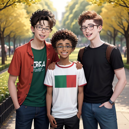three young men standing next to each other on a sidewalk in a park with trees and grass in the background
