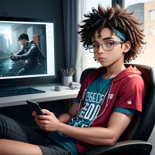 a young man sitting in front of a computer monitor holding a remote control and looking at a computer screen