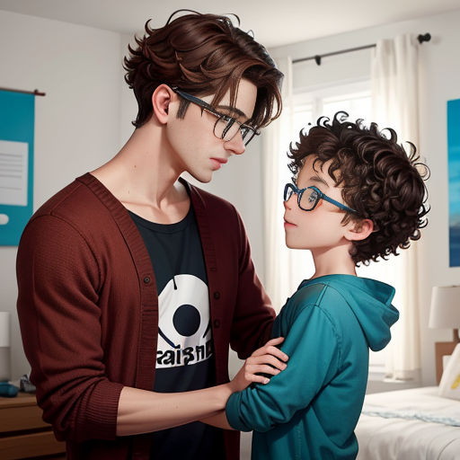 a man and a boy standing in a bedroom together looking at each other's eyes and smiling at each other