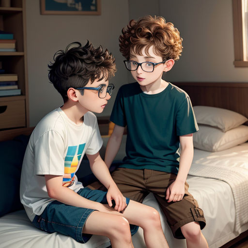 two boys sitting on a bed with a bookcase in the background and a window in the background,