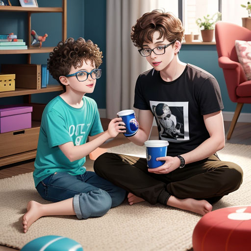 a boy and a boy sitting on the floor with cups in their hands and a girl holding a cup