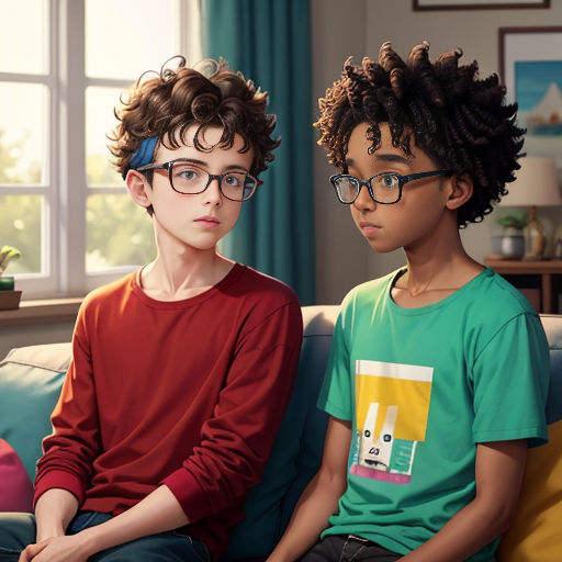 two young boys sitting on a couch in front of a window with a cat on the couch behind them