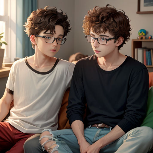 two young men sitting on a couch in a room with a window behind them and a plant in the corner