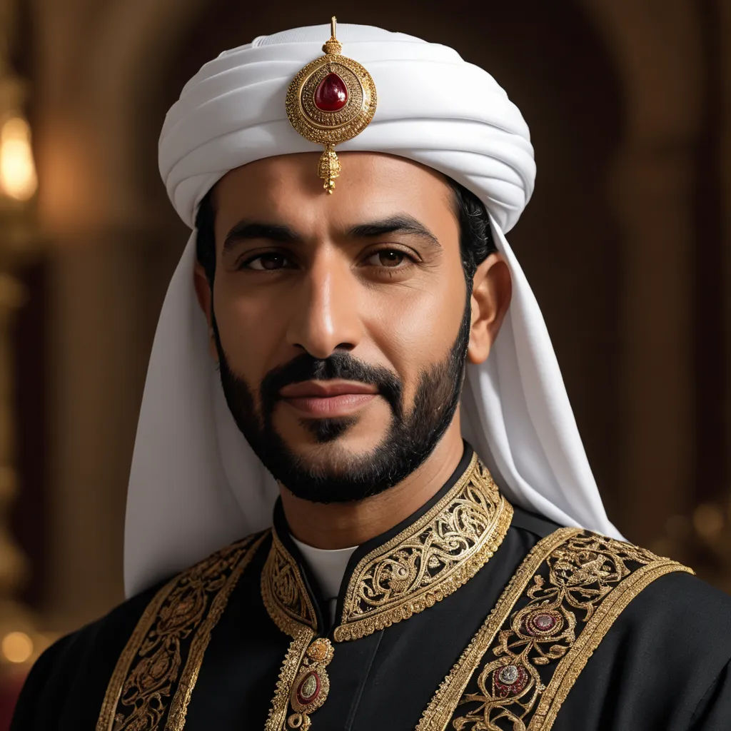a man in a turban and a gold and red necklace and headpiece is smiling for the camera, hurufiyya, a character portrait, Altoon Sultan, regal