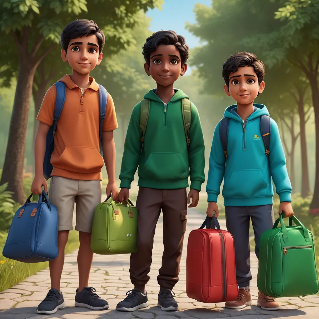 three boys are standing in the park with their luggage bags and bags of luggage in hand and one boy is holding a backpack and the other boy is holding a, samikshavad, concept art, Chris LaBrooy, promotional image