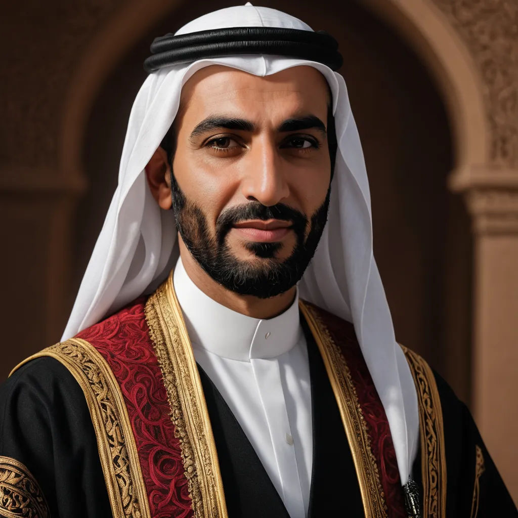 a man in a black and gold outfit with a beard and a white headdress is standing in front of a building, hurufiyya, a character portrait, Abdullah Gërguri, professional photo