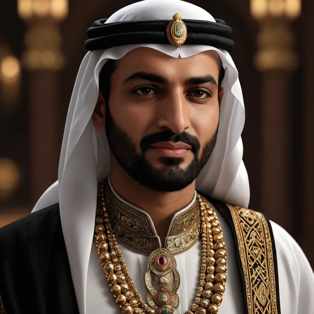 a man in a white and black outfit with a gold necklace and a gold necklace on his neck and a gold and white necklace on his chest, qajar art, a digital painting, Altoon Sultan, highly detailed digital painting
