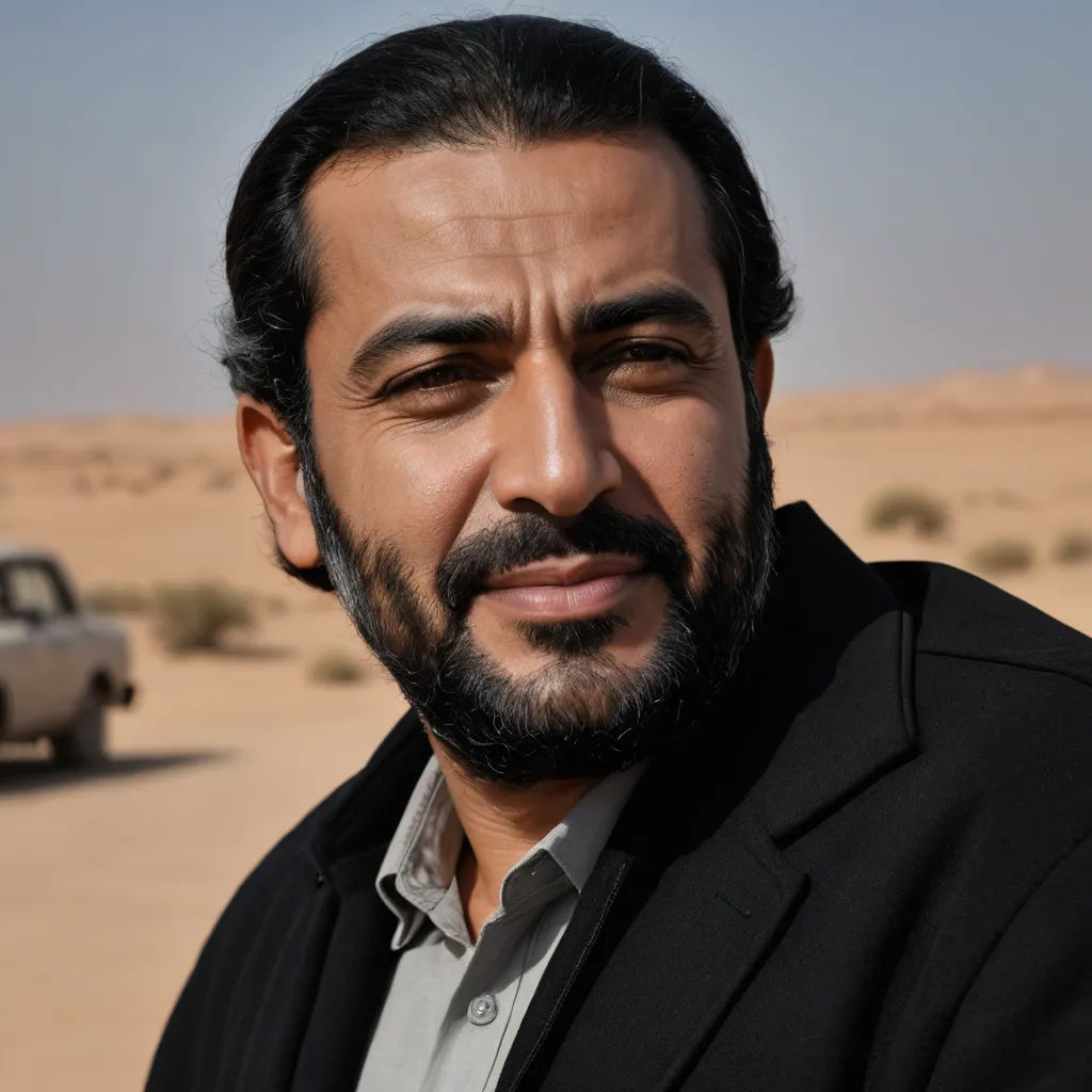 a man with a beard and a black jacket in the desert with a truck in the background and a sky background, dau-al-set, a character portrait, Ahmed Karahisari, promotional image
