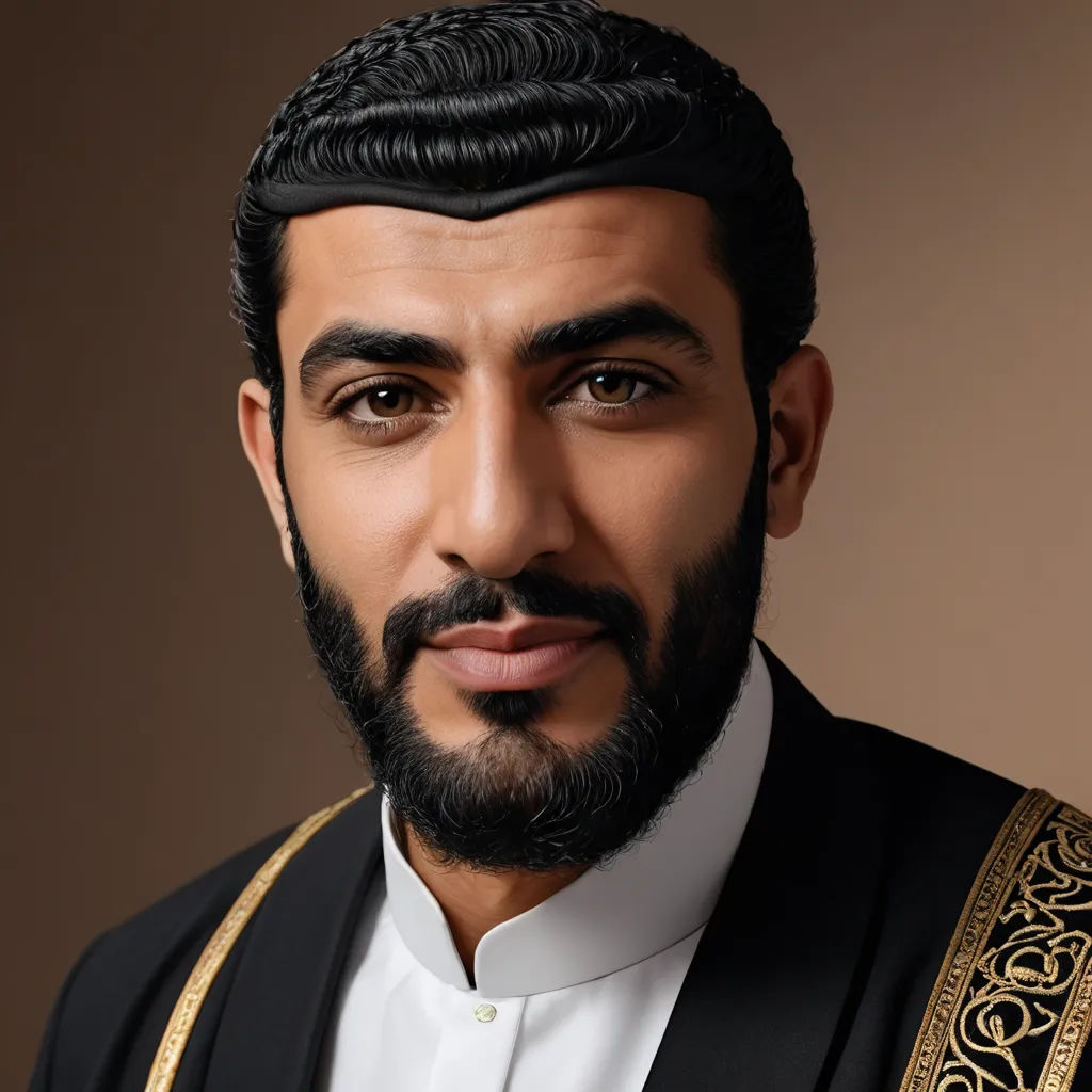 a man with a beard and a black suit and white shirt with a gold trim around his neck and a black headband, hurufiyya, a character portrait, Altoon Sultan, professional photo
