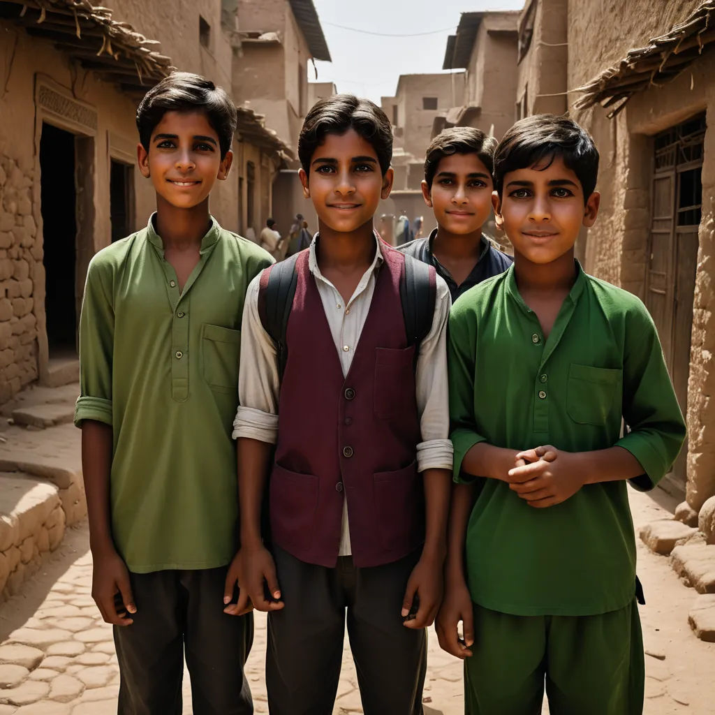 a group of young boys standing next to each other in a alley way in a village in india,, danube school, a microscopic photo, Amir Zand, shallow depth of field