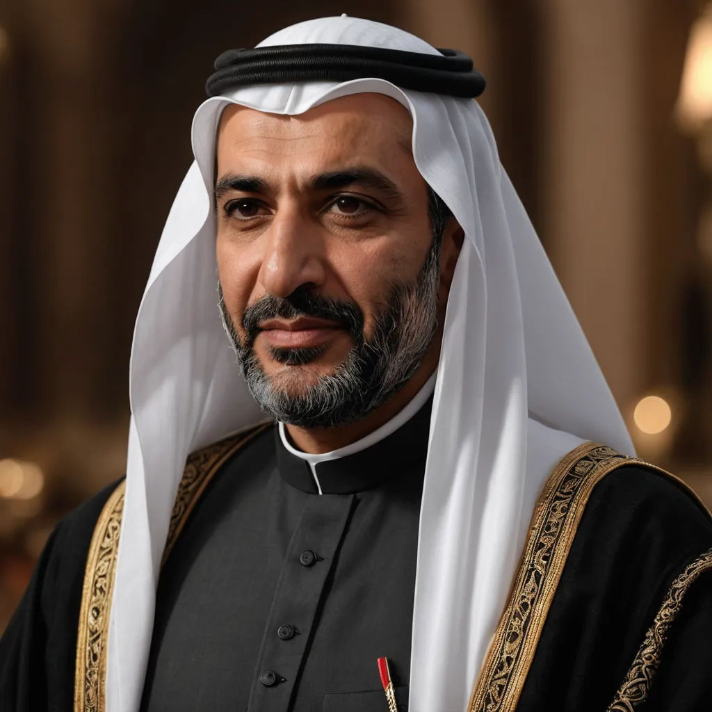 a man in a black and white outfit and a white head scarf and a black and gold outfit and a red and white tie, hurufiyya, a character portrait, Abdullah Gërguri, photograph